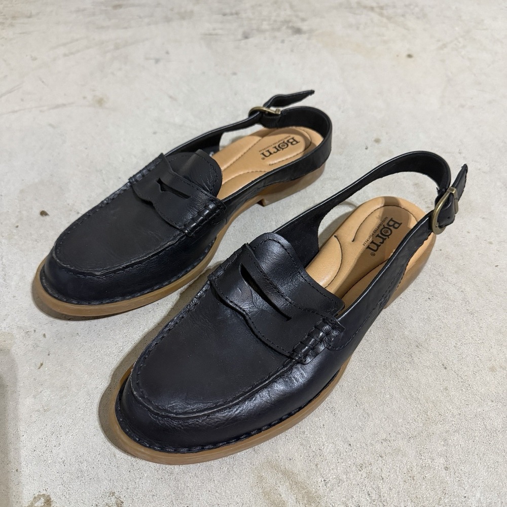 Børn Marly Black Leather Slingback Penny Loafers - Size 8M - Excellent!